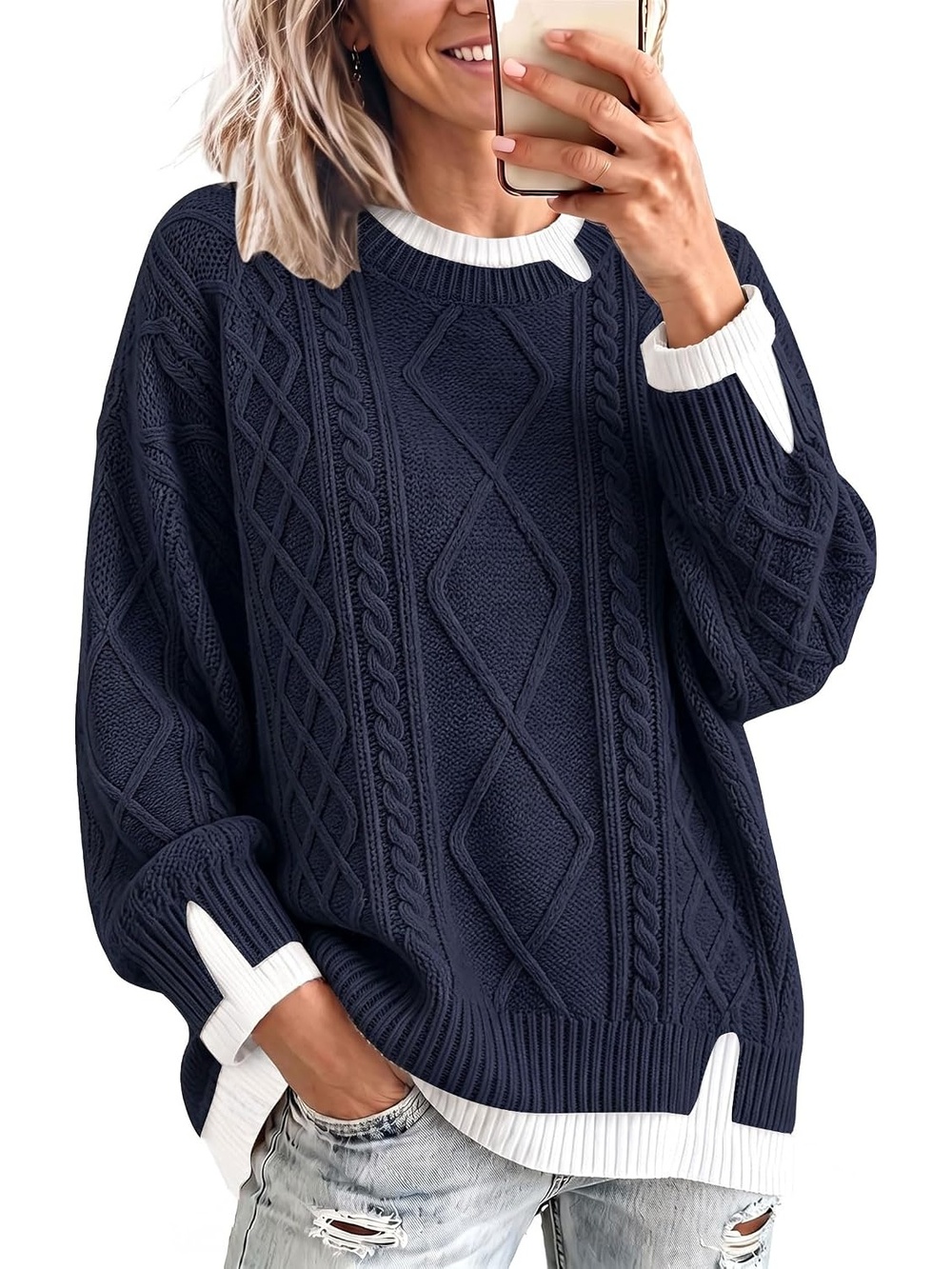 🆕 Womens Navy Cable Knit Oversized Sweater Crew Neck Long Sleeve Jumper Top
